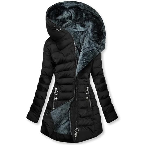 Winterjacke Damen Warm Gefüttert Wintermantel mit Kapuze Fleecejacke Übergroßer Mantel Reissverschluss Winter Steppmantel Mittellang Einfarbig Softshelljacke Casual Lose Übergangsjacke Damenjacken von UPOI