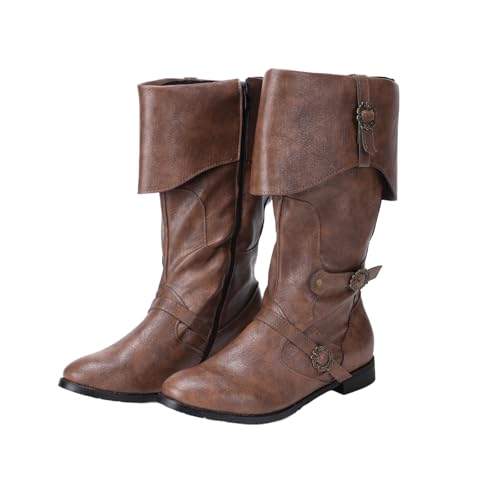 UPUPCOS Herren Mittelalter Piraten Stiefel Wikinger Renaissance Kostüm Schuhe Gothic Steampunk Cosplay Schuhe Retro Braun Hohe Stiefel für Halloween Party Festival von UPUPCOS