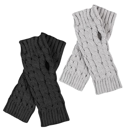 UQTUKO Fingerlose Handschuhe, 2 Paar Winter Gestrickte Handschuhe für Damen Pulswärmer Strick Armstulpen Gestrickte Handstulpen Damen Wärmer Strick Kurzer Gestrickte Fingerlose Unisex (Schwarz+Grau) von UQTUKO