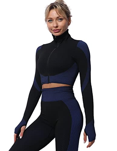 UR MAX BEAUTY Trainings-Sets für Frauen 2-Stück-Langarm-Reißverschluss-Kulturoberteil und hohe Taille-Leggings Sport-BH-Fitnessstudio-Kleidung Set,Black Blue,XXL von UR MAX BEAUTY