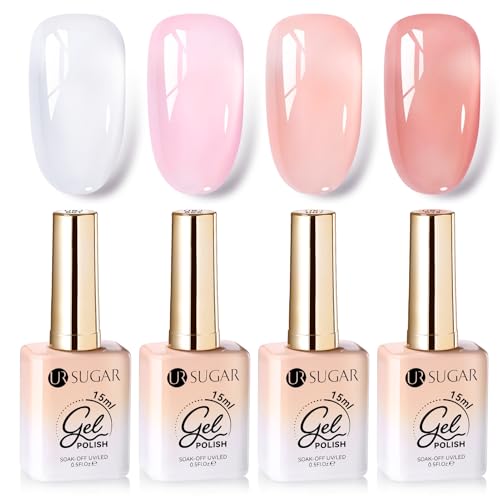 UR SUGAR 15ML UV Nagellack Jelly, 4 Farben Gel Nagellack Milchig Weiß Rosa Transparent Set, Jelly Nail Polish UV für Salon Gel Maniküre und Nagelstudio Anfänger DIY zu Hause von UR SUGAR