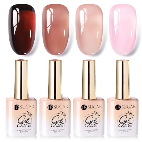 UR SUGAR 15ML UV Nagellack Jelly, 4 Farben Gel Nagellack Rot Rosa Set, Jelly Nail Polish UV für Salon Gel Maniküre und Nagelstudio Anfänger DIY zu Hause von UR SUGAR
