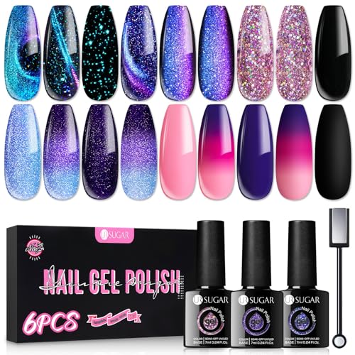 UR SUGAR UV Nagellack Magnetisch Thermo, Gel Nagellack Glitzer Farbgel Chamäleon Schwarz Gelnägel Farben 9D Magnetische Cat Eye Gel Schellack Set 6 Flaschen in 1 Maniküre Geschenkset von UR SUGAR