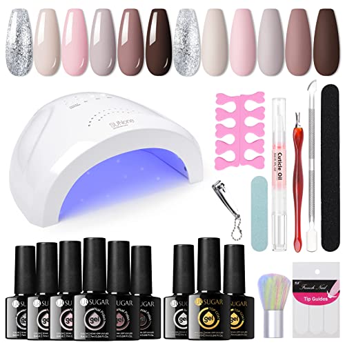 UR SUGAR Set Starterset mit Lampe 48W, 6 Farben Nudefarben UV Nagellack Starterset Set Nagelset Gelnägel Starterset Base Gel Top Coat Matte Glänzend Gellack Set Geschenk für Damen von UR SUGAR