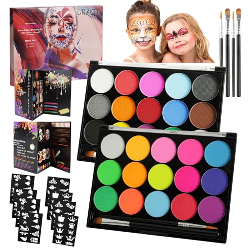 URAQT 2 Stück Kinderschminke Set, 1 Pcs UV Face Paint Body Paint und 1 Pcs 15 Farben Schminkfarben Schminkpalette, 2 Berufs Pinsel, 8 Tattoo-Vorlagen, für Kinder und Erwachsene von URAQT