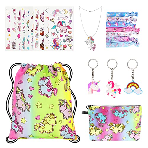 URAQT 23 Stück Einhorn Kordelzug Rucksack Geschenke für Mädchen/Make-up Tasche/Haargummis/Geldbörse/Schlüsselanhänger/Armbänder als Partygeschenk,Mehrfarbig von URAQT