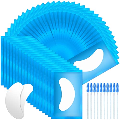 URAQT Augenpads für Wimpernverlängerung, 50 Paar Wimpernpads, Wimpern Extension Pads mit 10 Stück Wimpernbürste, Wimpernverlängerung Augen Pads Eye Patch für Eyelash Extensions (Blau) von URAQT