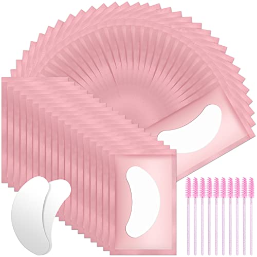 URAQT Augenpads für Wimpernverlängerung, 50 Paar Wimpernpads, Wimpern Extension Pads mit 10 Stück Wimpernbürste, Wimpernverlängerung Augen Pads Eye Patch für Eyelash Extensions (Rosa) von URAQT