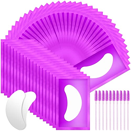 URAQT Augenpads für Wimpernverlängerung, 50 Paar Wimpernpads, Wimpern Extension Pads mit 10 Stück Wimpernbürste, Wimpernverlängerung Augen Pads Eye Patch für Eyelash Extensions (Violett) von URAQT