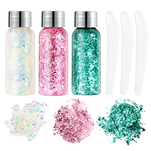 URAQT Body Glitter Gel, Chunky Glitter Gel, Chunky Body Lotion Glitzer Flüssiger Lidschatten, Meerjungfrau Pailletten Funkelnde für Gesicht Haare Lippen Nägel Make Up (weiß+rosa+grün) von URAQT