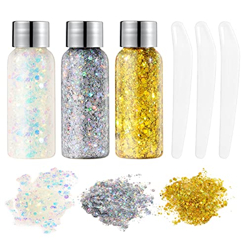 URAQT Body Glitter Gel, Chunky Glitter Gel, Chunky Body Lotion Glitzer Flüssiger Lidschatten, Meerjungfrau Pailletten Funkelnde für Gesicht Haare Lippen Nägel Make Up (weiß+silber+gold) von URAQT