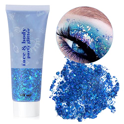 URAQT Body Glitter Gel, Chunky Glitter Gel, Chunky Body Lotion Glitzer Flüssiger Lidschatten, Meerjungfrau Pailletten Funkelnde für Gesicht Haare Lippen Nägel Make Up Kosmetik Festival (01-Blau) von URAQT