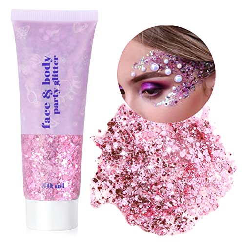 URAQT Body Glitter Gel, Chunky Glitter Gel, Chunky Body Lotion Glitzer Flüssiger Lidschatten, Meerjungfrau Pailletten Funkelnde für Gesicht Haare Lippen Nägel Make Up Kosmetik Festival (03-Rosa) von URAQT