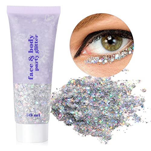 URAQT Body Glitter Gel, Chunky Glitter Gel, Chunky Body Lotion Glitzer Flüssiger Lidschatten, Meerjungfrau Pailletten Funkelnde für Gesicht Haare Lippen Nägel Make Up Kosmetik Festival (05-Silber) von URAQT