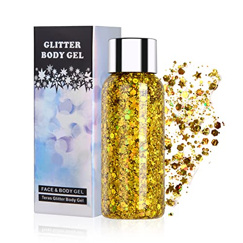 URAQT Body Glitter Gel, Chunky Glitter Gel, Chunky Body Lotion Glitzer Flüssiger Lidschatten, Meerjungfrau Pailletten Funkelnde für Gesicht Haare Lippen Nägel Make Up Kosmetik Festival (Gold) von URAQT