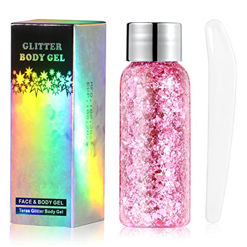 URAQT Body Glitter Gel, Chunky Glitter Gel, Chunky Body Lotion Glitzer Flüssiger Lidschatten, Meerjungfrau Pailletten Funkelnde für Gesicht Haare Lippen Nägel Make Up Kosmetik Festival (Rosa) von URAQT