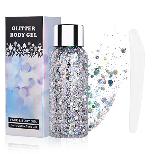 URAQT Body Glitter Gel, Chunky Glitter Gel, Chunky Body Lotion Glitzer Flüssiger Lidschatten, Meerjungfrau Pailletten Funkelnde für Gesicht Haare Lippen Nägel Make Up Kosmetik Festival (Silber) von URAQT