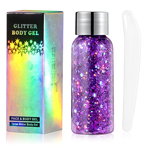 URAQT Body Glitter Gel, Chunky Glitter Gel, Chunky Body Lotion Glitzer Flüssiger Lidschatten, Meerjungfrau Pailletten Funkelnde für Gesicht Haare Lippen Nägel Make Up Kosmetik Festival (Violett) von URAQT