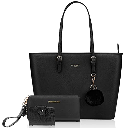 URAQT Damen Handtasche Schwarz, Damen Shopper Handtasche Leder Damen Tasche Groß Schule Handtasche für Büro Schule Einkauf mit Kaninchen Pelz Kugel Plüsch Schlüsselring (Mit Geldbörse von URAQT