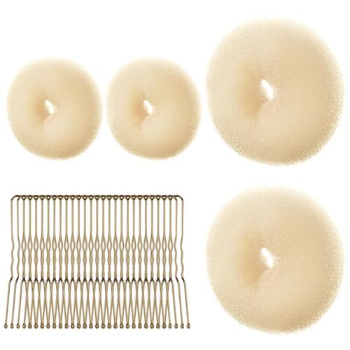 URAQT Donut Hair Bun Set, 4PC Dutt Maker, Duttkissen Groß und klein mit 30 U-Form Haarspange,Donut Haark Hochsteckfrisuren Zubehör für Frisur Tänzer Kinder Mädchen Frauen (4er-Beige (2 * 6+2 * 8)) von URAQT