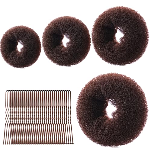 URAQT Donut Hair Bun Set, 4PC Dutt Maker, Duttkissen Groß und klein mit 30 U-Form Haarspange,Donut Haark Hochsteckfrisuren Zubehör für Frisur Tänzer Kinder Mädchen Frauen (4er-Braun (6+8+10+12)) von URAQT