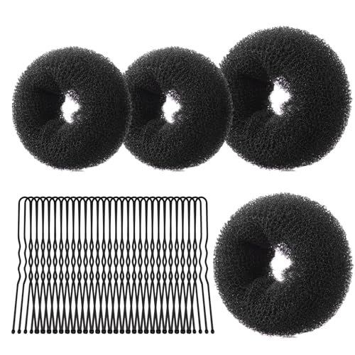 URAQT Donut Hair Bun Set, 4PC Dutt Maker, Duttkissen Groß und klein mit 30 U-Form Haarspange,Donut Haark Hochsteckfrisuren Zubehör für Frisur Tänzer Kinder Mädchen Frauen (4er-Schwarz (2 * 6+2 * 8)) von URAQT