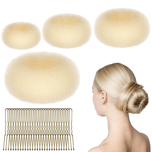 URAQT Donut Hair Bun Set, 4PC Dutt Maker, Duttkissen Groß und klein mit 30 U-Form Haarspange,Donut Haark Hochsteckfrisuren Zubehör für Frisur Tänzer Kinder Mädchen Frauen (4er-Beige (6+8+10+12)) von URAQT