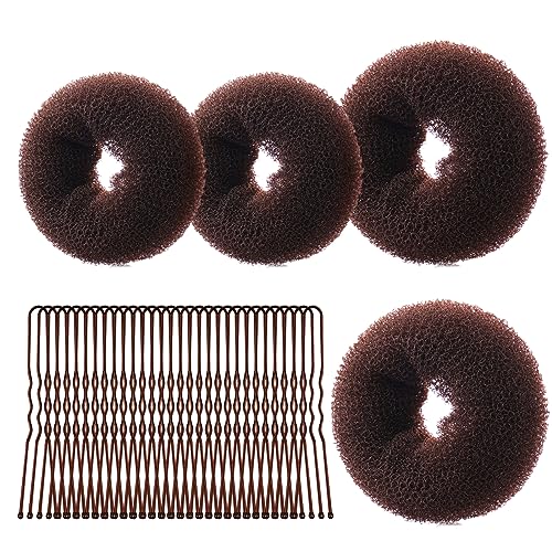 URAQT Donut Hair Bun Set, 4PC Dutt Maker, Duttkissen Groß und klein mit 30 U-Form Haarspange,Donut Haark Hochsteckfrisuren Zubehör für Frisur Tänzer Kinder Mädchen Frauen (4er-Braun (2 * 6+2 * 8)) von URAQT