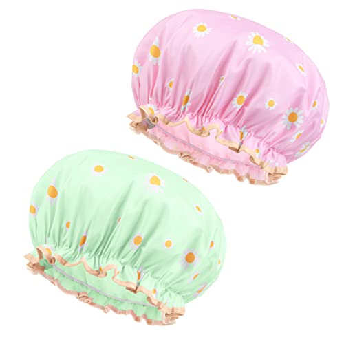 URAQT Duschhaube, 2 Stück Wasserdichte Duschhauben Damen, große Elastische Shower Cap, Wiederverwendbare Duschkappe für Mädchen Frauen Kosmetik Zuhause Hotel Reisen (Gänseblümchen) von URAQT