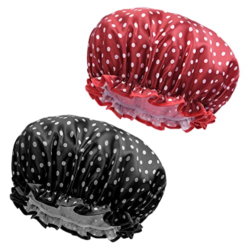 URAQT Duschhaube, 2 Stück Wasserdichte Duschhauben Damen, große Elastische Shower Cap, Wiederverwendbare Duschkappe für Mädchen Frauen Kosmetik Zuhause Hotel Reisen (Punktmuster) von URAQT