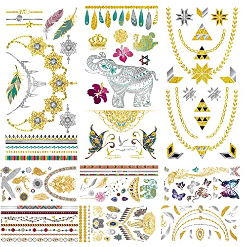 URAQT Gold Temporäre Tattoos,9 Blatt Wasserdicht Metallic Tattoo zum Aufkleben,Flash Aufkleber Klebetattoos Erwachsene,Klebe Tätowierung Folie Festival Party Accessoire für Frauen Mädchen Jugendliche von URAQT