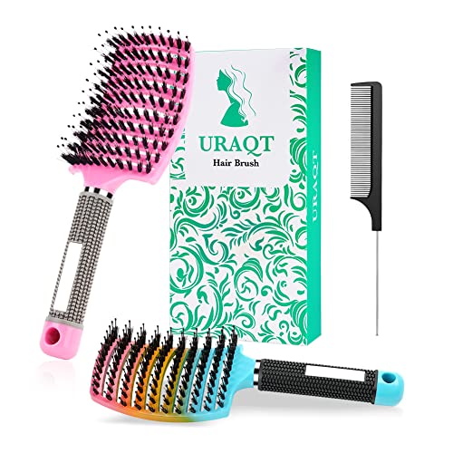 URAQT Haarbürste Ohne Ziepen, Profi Entwirrungsbürste mit Griff für Damen, Herren & Kinder, Wildschweinborsten Haarstyling Bürste für Lange Feine Dicke Lockige Haare (Gradient+Rosa) von URAQT