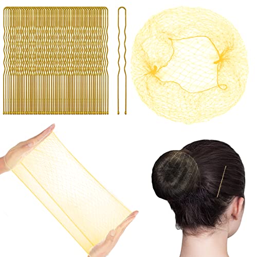 URAQT Haarnetze, 80 Stück Unsichtbare Elastisches Haarnetze mit Haarnadel, Dutt Haarnetz, Nylon Haarnetze für Frauen, Mädchen, Haarknoten Herstellung, Ballett Tänze (Gold) von URAQT