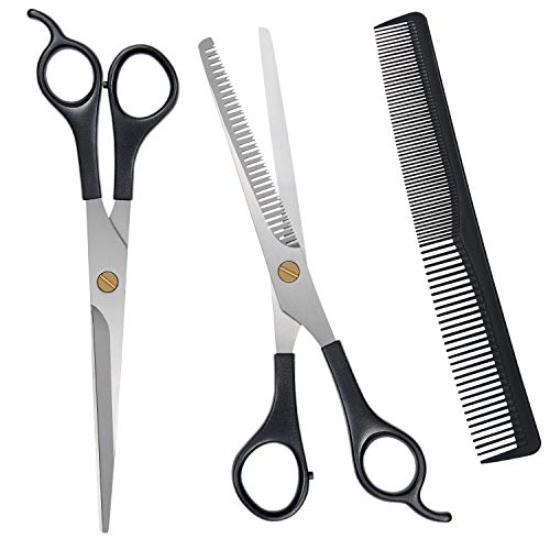 URAQT Haarschere Set, 2 Scharfe Professionell Scheren-Sets, Licht Einseitiger Effilierer, Scharfe Friseurscheren, Haarschneideschere, Kamm, für Damen,Herren,Kinder,Haustier, Schwarz von URAQT