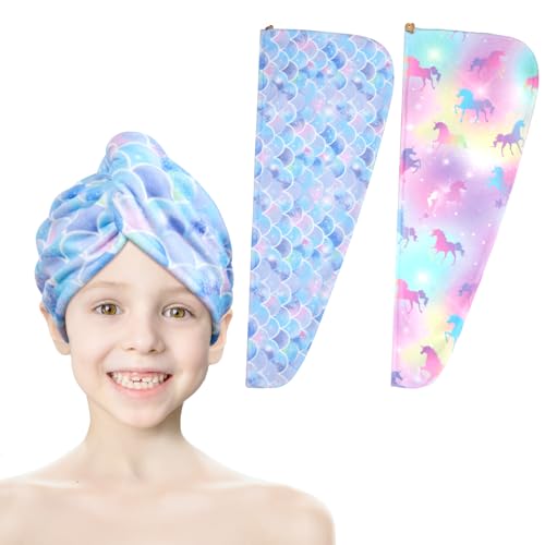 URAQT Haarturban Handtuch, 2 Stück Mikrofaser Turban Handtücher Schnelltrocknend Handtuch, Damen Haarturban Verdreht mit Knopf für Frauen Mädchen Alle Haartypen(Blau+Gelb) von URAQT