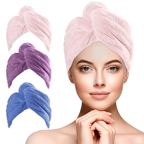 URAQT Haarturban Handtuch, 3 Stück Mikrofaser Turban Handtücher Schnelltrocknend Handtuch, Damen Haarturban Verdreht mit Knopf für Handtücher Frauen Mädchen Lange Lockiges Nasses Alle Haartypen(B) von URAQT