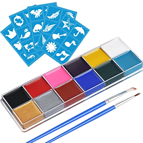 URAQT Kinderschminke Set, 12 Farben Schminkfarben Schminkpalette, Face Paint Bodypaint Schminkset, Körperfarbe Kinder mit 2 Pinsel und 30 Tattoos für Halloween Karneval Make-up Fasching, Waschbar von URAQT