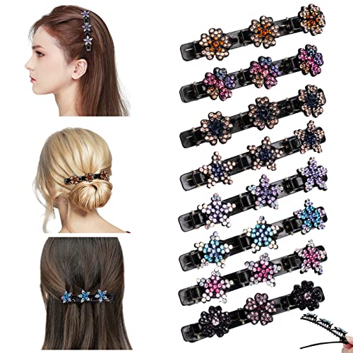 URAQT Kolibri Haarspange mit Kristallblume, 8 Stück Strass Haarspange Doppelschicht, Funkelnde Kristallstein-geflochtene Haarspangen, Entenschnabel-Clip, Haarschmuck für Damen Mädchen von URAQT