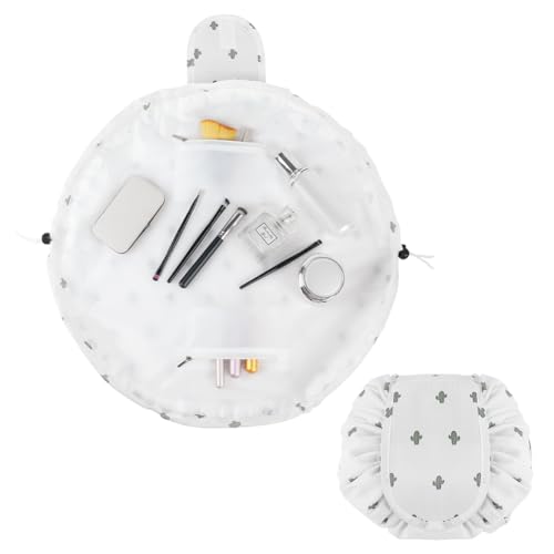 URAQT Kosmetiktasche mit Kordelzug, Lazy Kosmetikbeutel, Groß Kapazität Make Up Tasche, One-Step Organizer Makeup Tasche Schminkbeutel für Lazy Damen (Weißer Kaktus) von URAQT