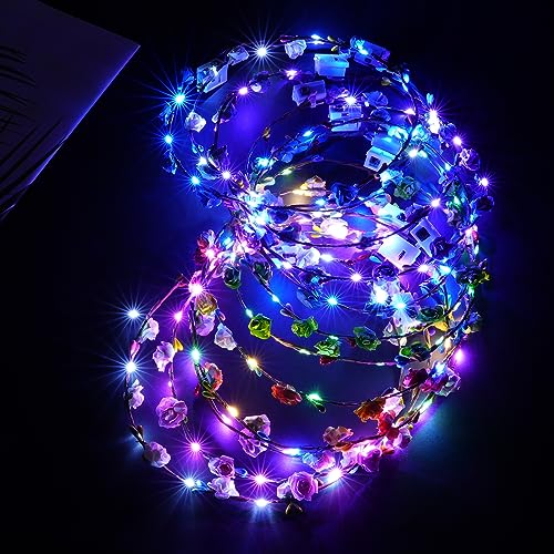 URAQT LED Blumenkranz Stirnband, 12PCS Haarkranz Blumen Mallorca Party Accessoires, Damen und Kinder Festival Zubehör Geburtstag Weihnachten Party Hochzeit Dekor Blumenkranz Kopfschmuck von URAQT