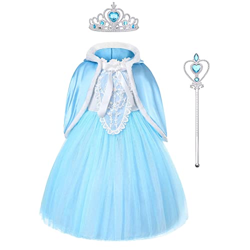 URAQT Mädchen Kostüm ELSA Kleid mit Umhang, Kinder Prinzessin Kleid Cosplay Kostüme, Kinder Verkleidung Party Weihnachten Halloween Fest, mit Elsa Krone Zauberstab (110) von URAQT