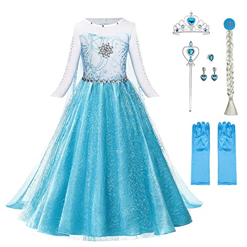 URAQT Mädchen Prinzessin Kostüm, Kinder Kleid 6-teiliges Set mit Krone Diadem Handschuhe Zauberstab für Weihnachten Verkleidung Karneval Halloween (110) von URAQT