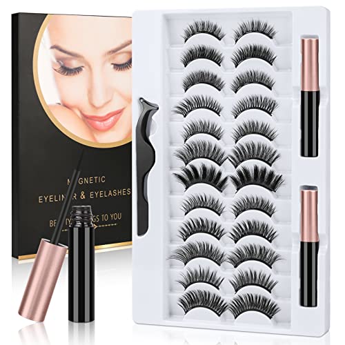 URAQT Magnetische Wimpern, Magnetische Flüssiger Eyeliner, 3D Dicke Lange Flauschige Künstliche Falsche Eyelashes, Natürlich Magnet Wimpern Set mit Zange, Wasserdicht und Wiederverwendbar (12 Paare) von URAQT