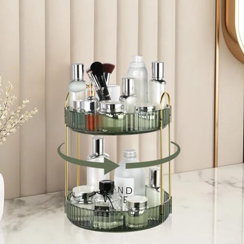 URAQT Make up Organizer, 2 Etagen 360° Drehbar Kosmetik Organizer, Multifunktionale Schmink Organizer mit Großer Kapazität, Kosmetik Organizers für Schminktisch, Badezimmer, Schlafzimmer (Grün) von URAQT