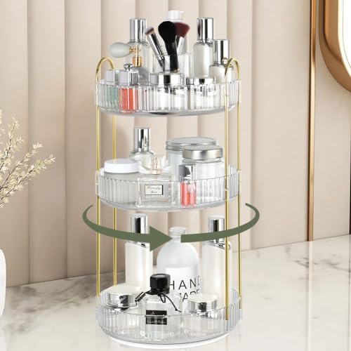 URAQT Make up Organizer, 3 Etagen 360° Drehbar Kosmetik Organizer, Multifunktionale Schmink Organizer mit Großer Kapazität, Kosmetik Organizers für Schminktisch, Badezimmer, Schlafzimmer (Weiß) von URAQT