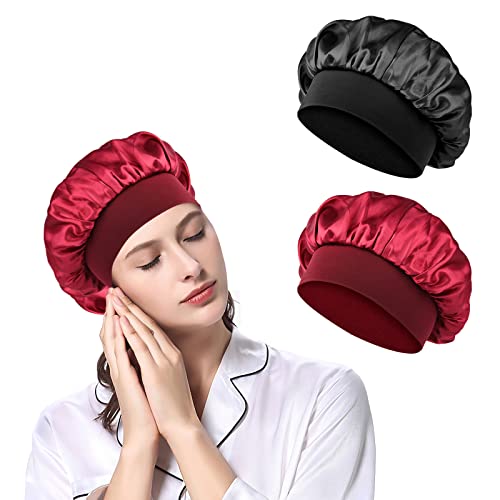 URAQT Schlafmütze Satin Bonnet, 2 Stück Atmungsaktive Schlafkappe Nachtmütze, Verstellbare Sleep Cap für locken, Weiche Kopfhaube Schlafhaube Seide mit Gummizug für Damen Mädchen Schlafen von URAQT