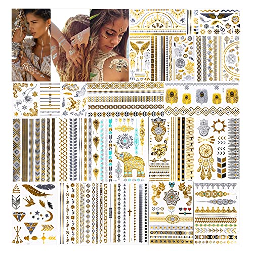 URAQT Flash Tattoos, 20 Blätter Metallic Temporäre Klebetattoos, Tattoos Aufkleber, Wasserdicht Tätowierung Aufkleber, Festival Tattoos für Arme Brust Rücken Beine (Gold-20 Blätter) von URAQT