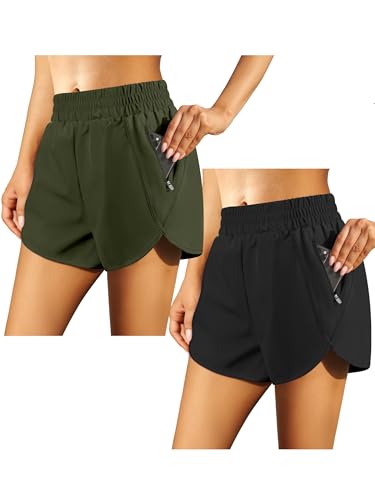 URATOT 2er-Pack schnelltrocknende Sommer-Shorts, Tanz-Shorts, Yoga, kurze Hosen, athletische Laufshorts mit Reißverschlusstasche für Damen, Schwarz, Dunkeloliv, Groß URATOT 2er-Pack schnelltrocknende Sommer-Shorts, Tanz-Shorts, Yoga, kurze Hosen, athletische Laufshorts mit Reißverschlusstasche für Damen, Schwarz, Dunkeloliv, Groß von URATOT