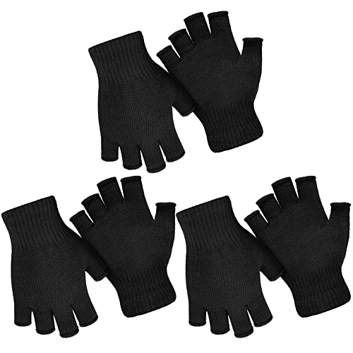 URATOT 3 Paar Halbfinger-Fäustlinge, gestrickt, dehnbar, Winter, fingerlos, Tipphandschuhe, Herren und Damen Handschuhe, schwarz, Medium von URATOT