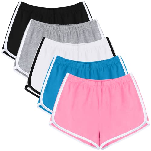 URATOT 5 Packungen weiche, bequeme Booty-Shorts für Damen, Baumwolle, Yoga, Sport, Workout, kurze Sport-, Fitness-, Lounge-Delfin-Shorts, Schwarz, Hellgrau, Beige, Seeblau, Rosa, Mittel von URATOT